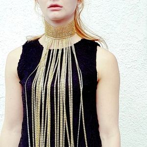 Faux Rhinestone Gold fringe plastic necklace perfect for festivals and raves